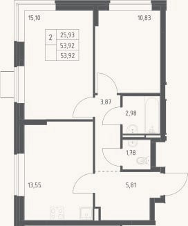 Планировка: 2-к, 53,9 м²