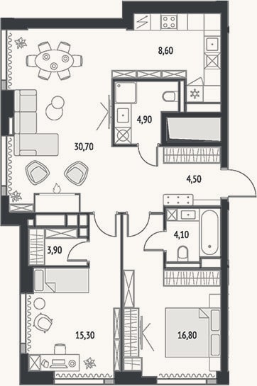 Планировка: 3-к, 90,3 м²