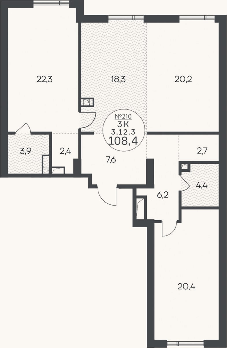 Планировка: 3-к, 108,4 м²