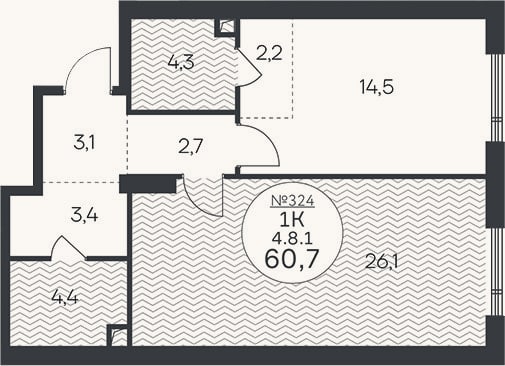 Планировка: 1-к, 60,7 м²
