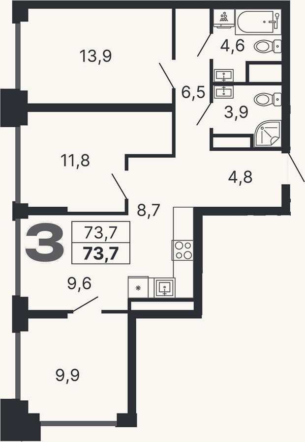 Планировка: 3-к, 73,7 м²