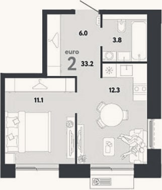 Планировка: 2-к, 33,2 м²