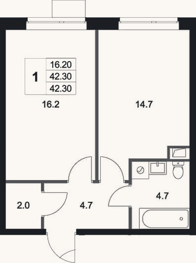 Планировка: 1-к, 42,3 м²