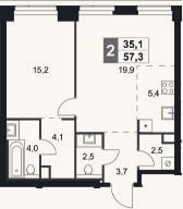 Планировка: 2-к, 57,3 м²