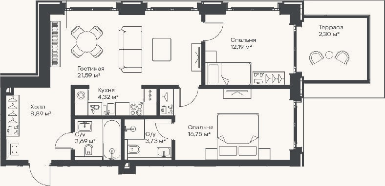 Планировка: 3-к, 71,2 м²