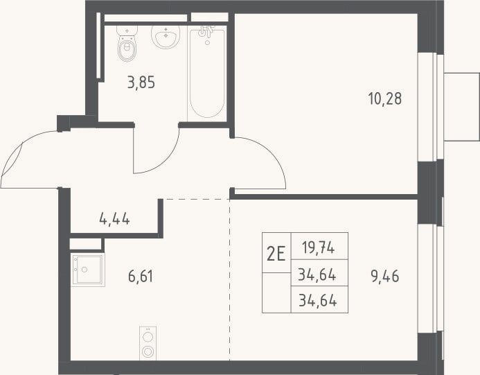Планировка: 2-к, 34,6 м²