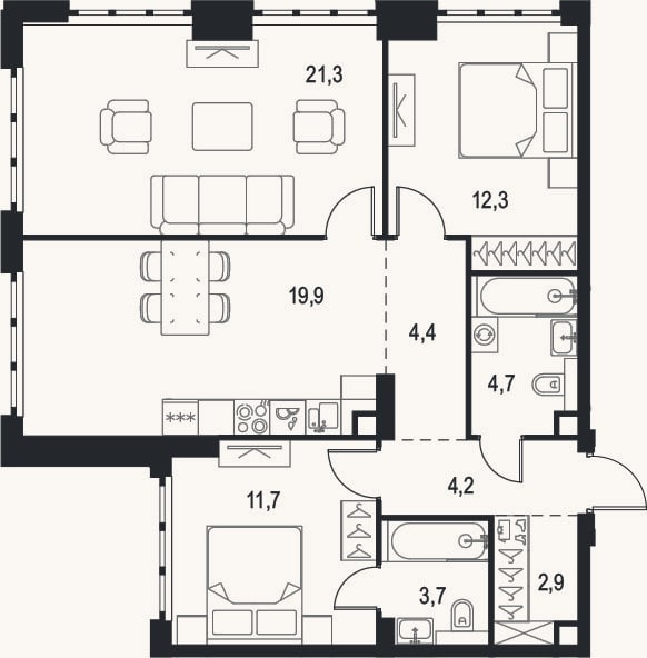 Планировка: 3-к, 85,1 м²