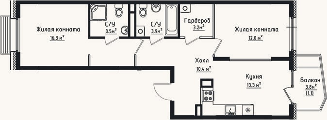 Планировка: 2-к, 62,6 м²