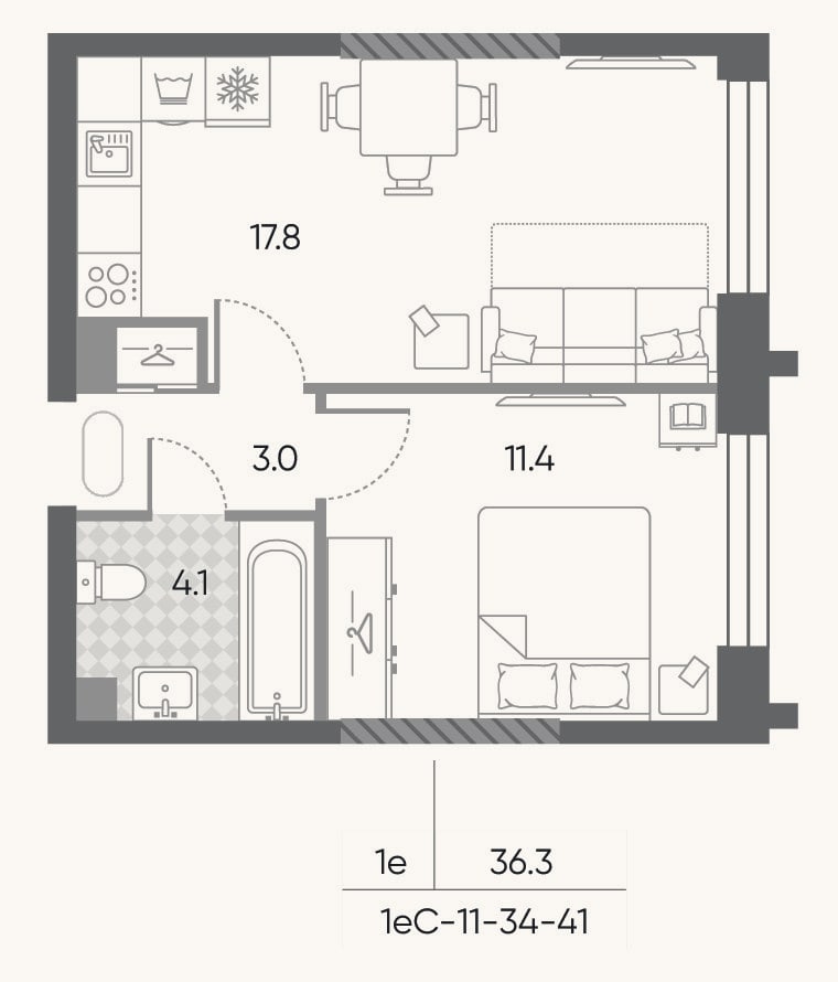 Планировка: 2-к, 36,3 м²