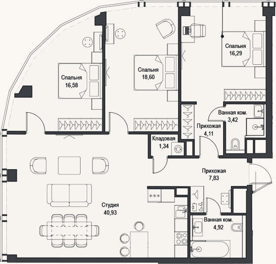 Планировка: 4+ к, 114 м²