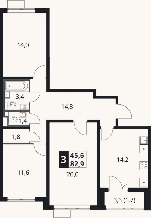 Планировка: 3-к, 81,2 м²