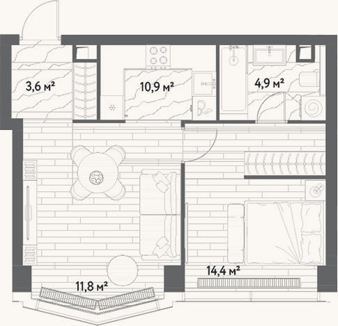 Планировка: 2-к, 45,6 м²