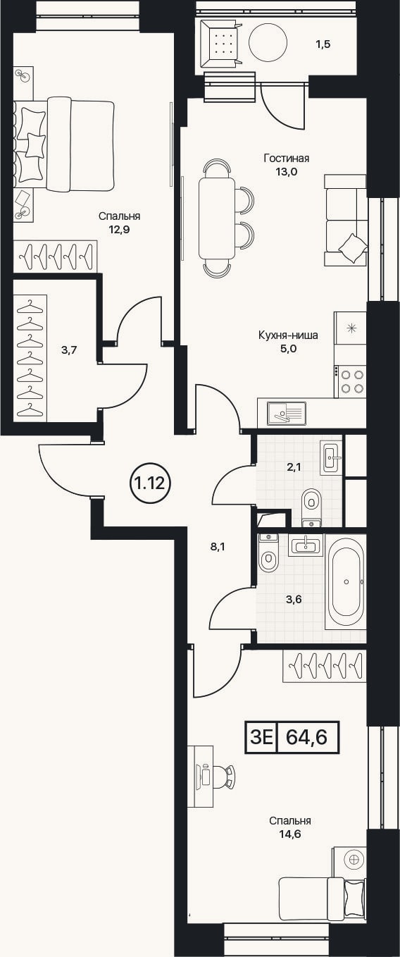 Планировка: 3-к, 63,1 м²