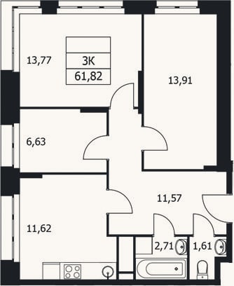 Планировка: 3-к, 61,8 м²