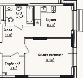 Планировка: 1-к, 38,7 м²