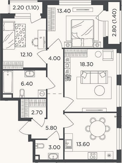 Планировка: 3-к, 79,3 м²