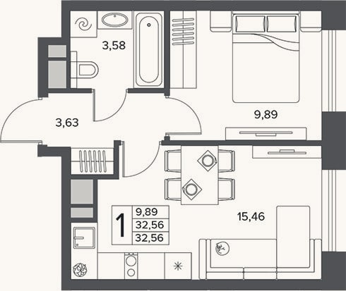 Планировка: 1-к, 32,6 м²