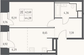 Планировка: 2-к, 42,6 м²