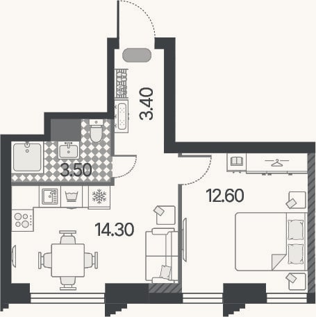 Планировка: 2-к, 33,8 м²