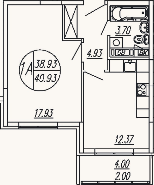 Планировка: 1-к, 38,9 м²