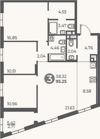 Планировка: 3-к, 92,5 м²