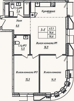 Планировка: 3-к, 76,6 м²