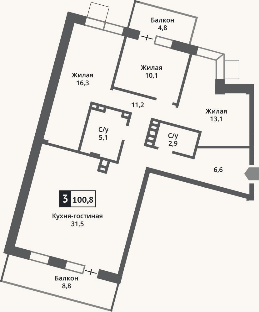 Планировка: 4+ к, 96,7 м²