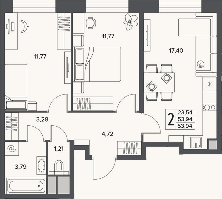 Планировка: 3-к, 53,9 м²