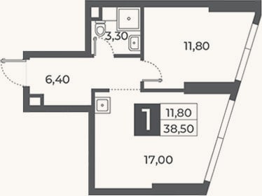 Планировка: 1-к, 38,5 м²