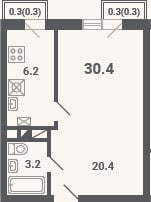 Планировка: 1-к, 29,8 м²