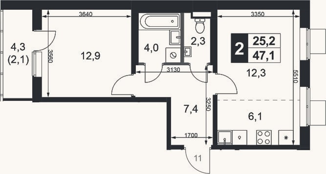Планировка: 2-к, 45 м²