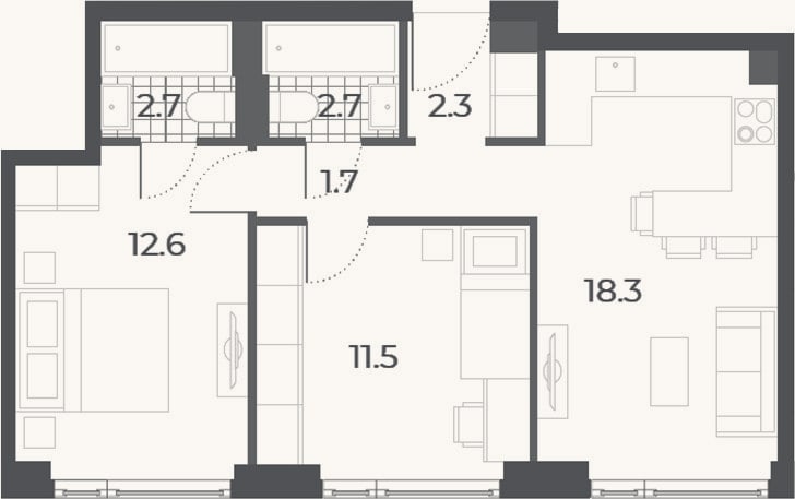 Планировка: 3-к, 51,8 м²