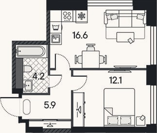 Планировка: 2-к, 38,8 м²