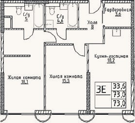 Планировка: 3-к, 73 м²