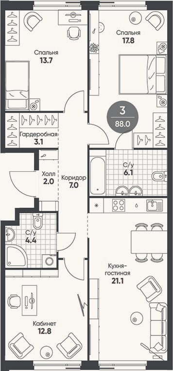 Планировка: 4+ к, 88 м²