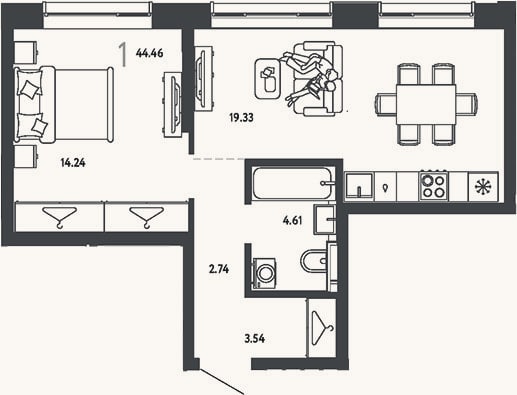 Планировка: 1-к, 44,5 м²