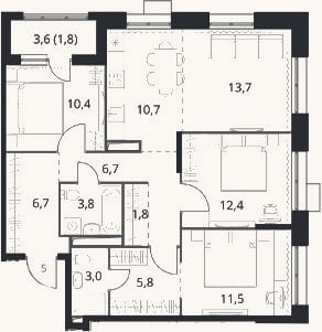 Планировка: 4+ к, 86,5 м²