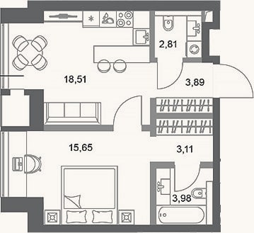 Планировка: 1-к, 48 м²