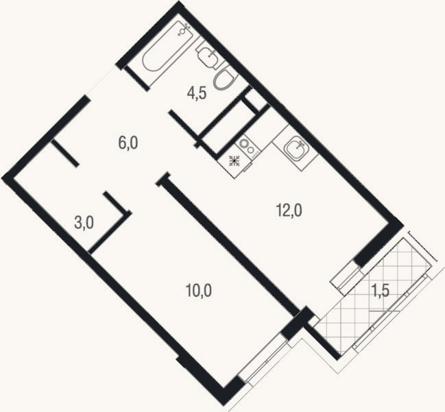Планировка: 1-к, 35,5 м²