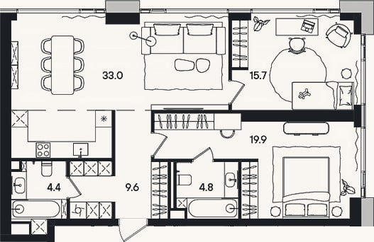 Планировка: 3-к, 88,8 м²