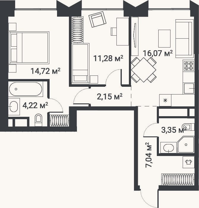Планировка: 3-к, 58,8 м²