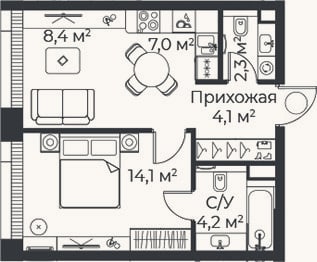 Планировка: 2-к, 40,1 м²