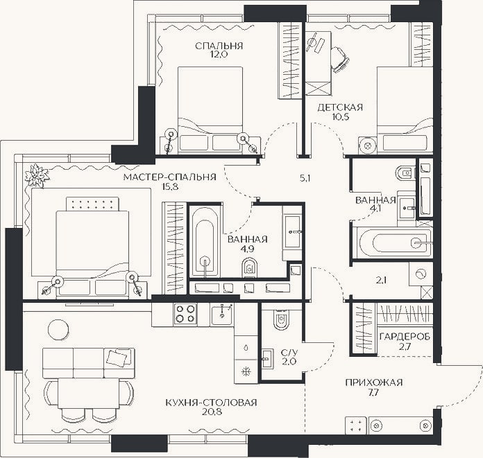 Планировка: 4+ к, 87,7 м²
