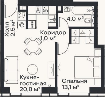 Планировка: 2-к, 41,4 м²