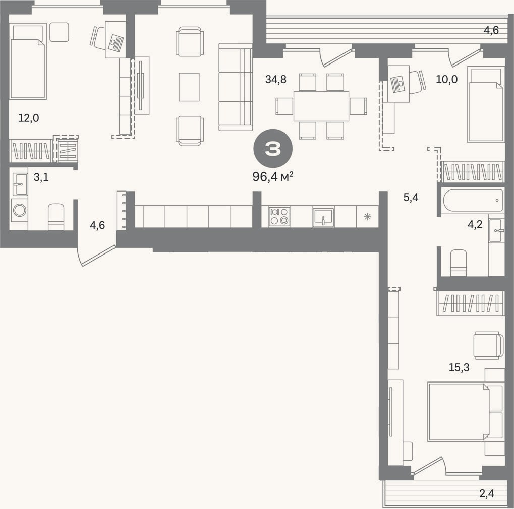 Планировка: 3-к, 89,4 м²