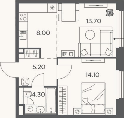 Планировка: 2-к, 45,3 м²