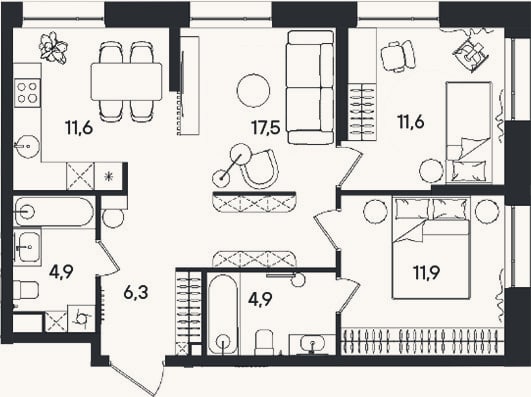 Планировка: 3-к, 68,7 м²