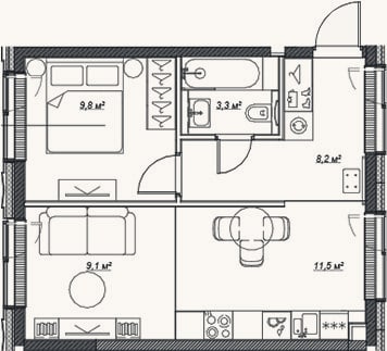 Планировка: 2-к, 41,9 м²