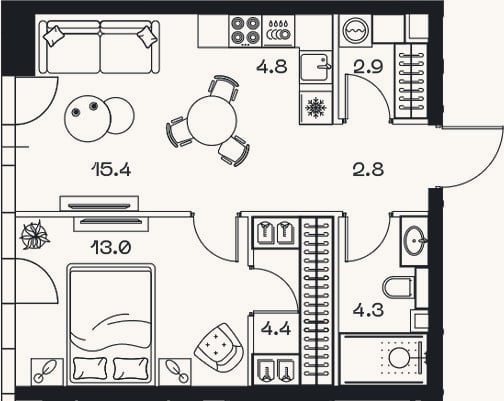 Планировка: 2-к, 47,6 м²