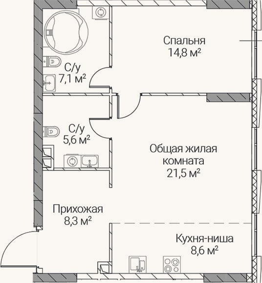 Планировка: 2-к, 65,9 м²